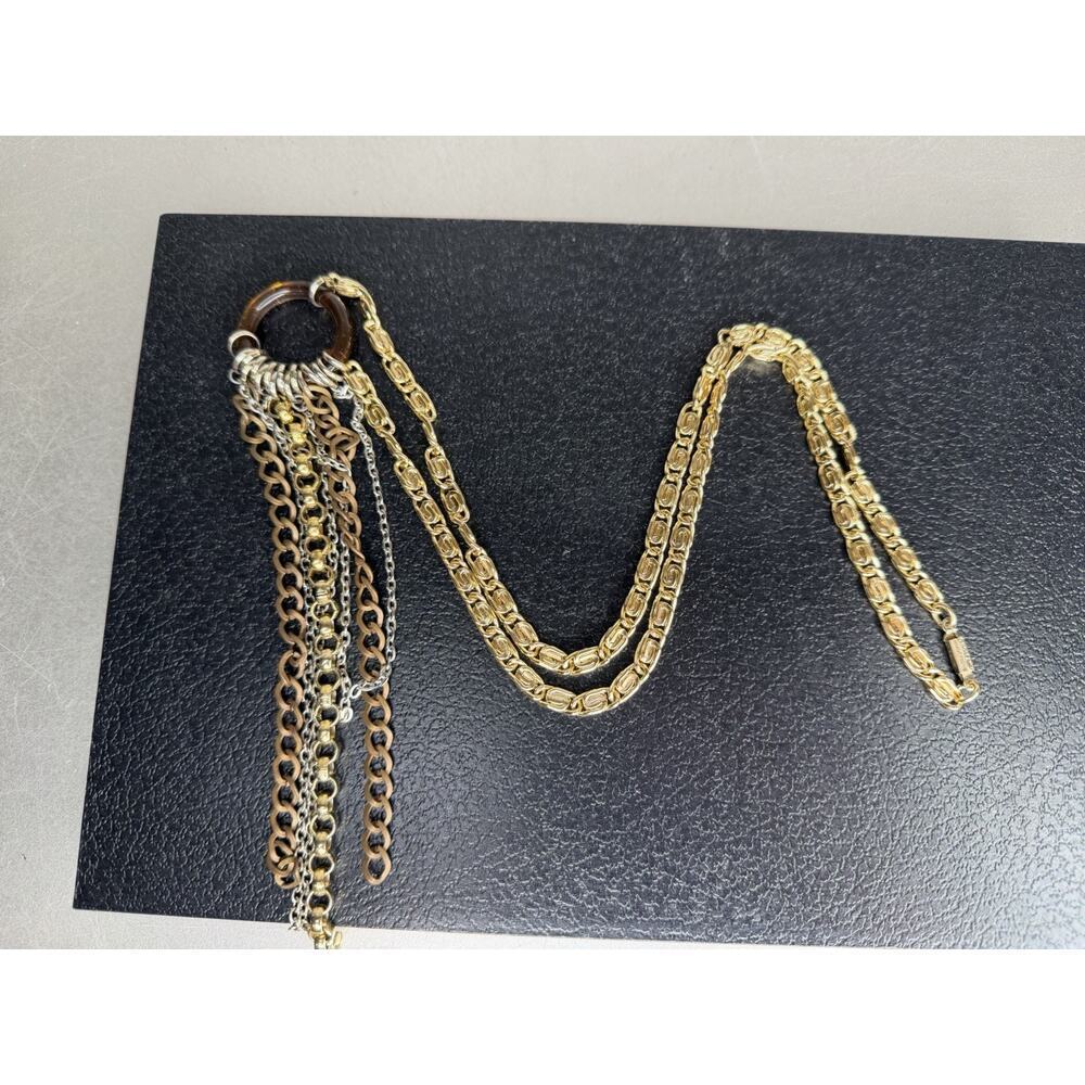 Germany Signed Vintage Gold Silver Tone Metal Chain Link Boho Glass Necklace